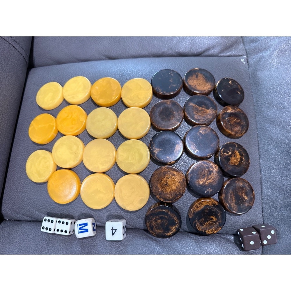 Vintage Catalin Bakelite Backgammon Checkers Set Butterscotch Brown Marbled Dice